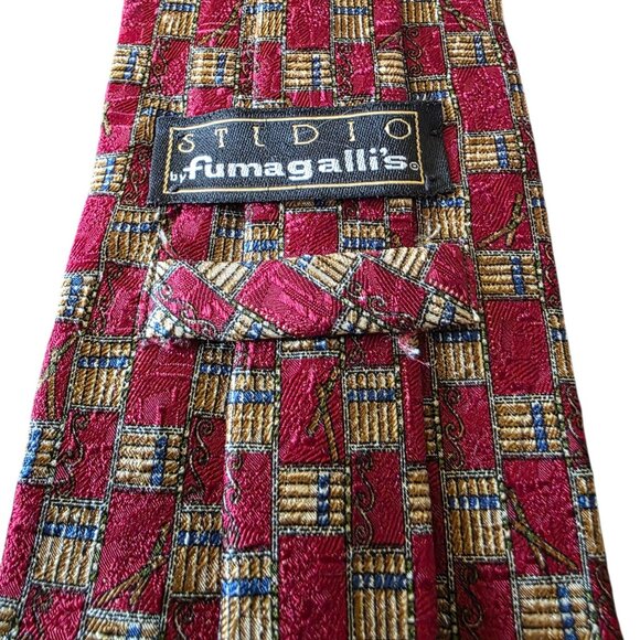 Fumagalli ITALY 100% Silk Tie Red Gold Geometric Check Sartorial Luxury - Picture 10 of 16